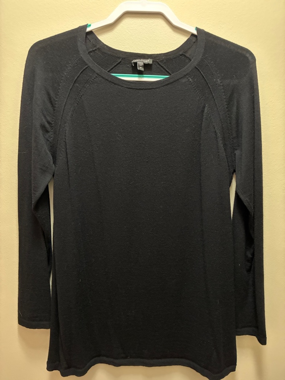 Eileen Fisher Black Long-Sleeve Light Merino Wool Crewneck Top
